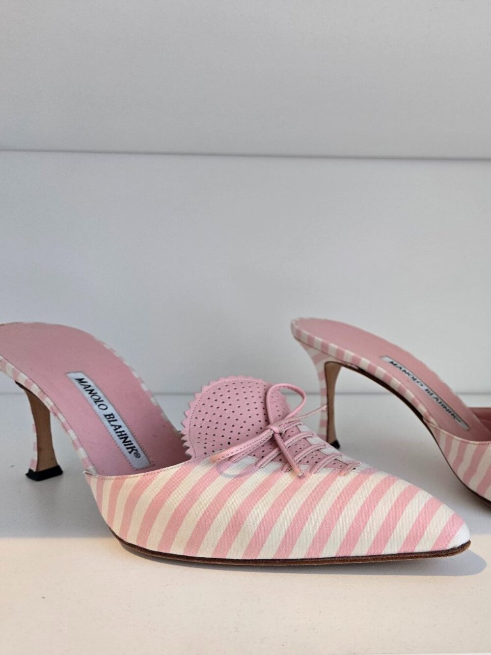 Vintage Manolo Blahnik pink and white striped kitten heel mules
